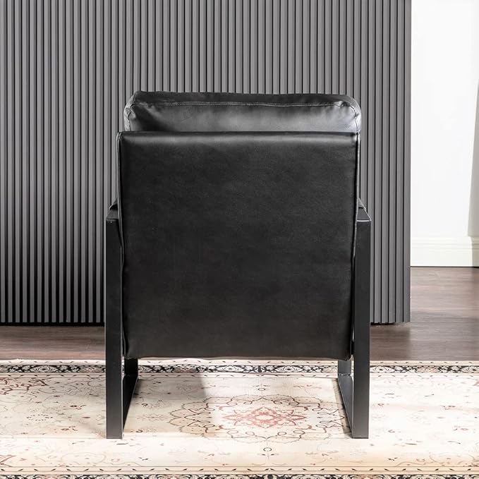 Container Furniture Classic Mid Century Modern Accent Chair with Durable Square Metal Frame, Armchair for Living Room, Bedroom, Home Office in Spotted Microfiber Upholstery, Black -PU Leather