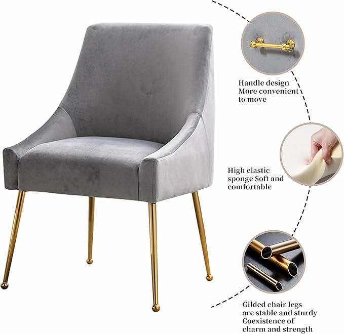Modern Velvet Dining Chairs Set of 4, Contemporary Upholstered Furniture Collection with Polished Gold Metal Legs, Elegant Accent Chairs for Kitchen Living Room(Grey)