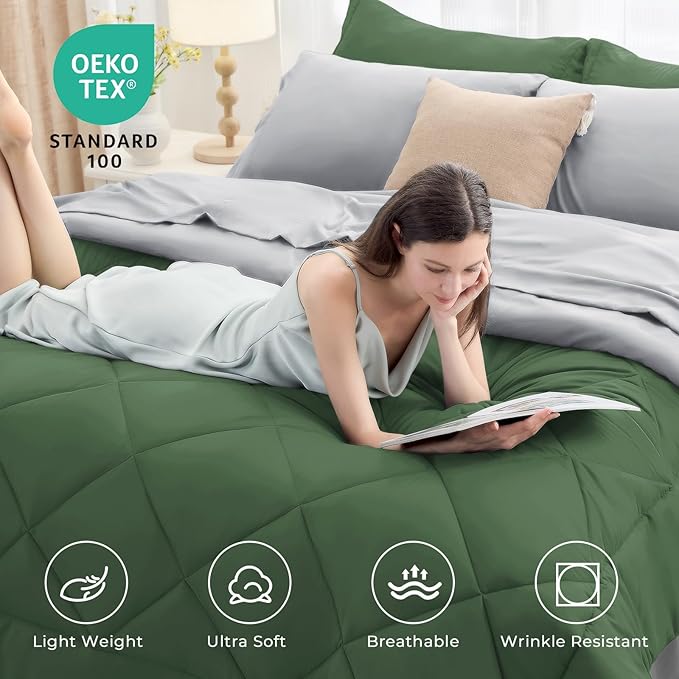 HEVUMYI Full Comforter Set - 7-Piece All Season Bed in a Bag Full, Ultra Soft Bedding Set with Comforter, Flat Sheet, Fitted Sheet, Pillowcases, Pillow Shams, Green & Light Grey