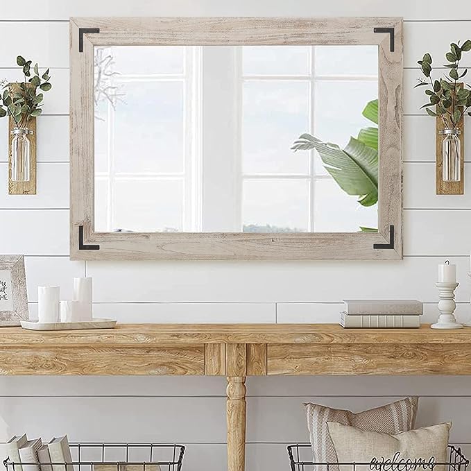 YOSHOOT Rustic Wooden Framed Wall Mirror, Natural Wood Bathroom Vanity Mirror for Farmhouse Decor, Vertical or Horizontal Hanging