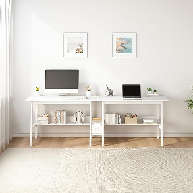 2-Person Writing Desk with Bookshelf - 110" Wooden Extra Long Home Office Work Table, Double Study Computer Workstation with Storage Shelves in White, 110" W x 24" D
