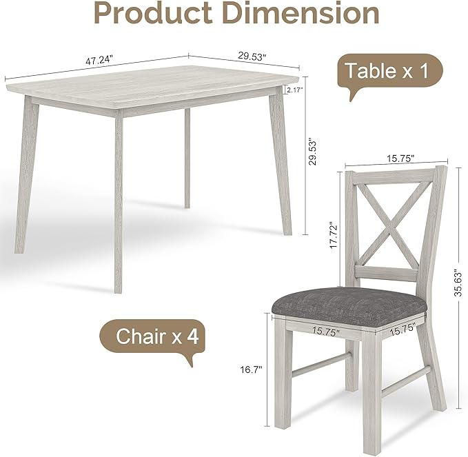 5-Piece Dining Table Set for 4, Solid Wood Kitchen Table Set with 4 Upholstered Dining Chairs, 47'' Farmhouse Structure Table & Chair Set for Kitchen, Dining Room, Restaurant, Washed Gray