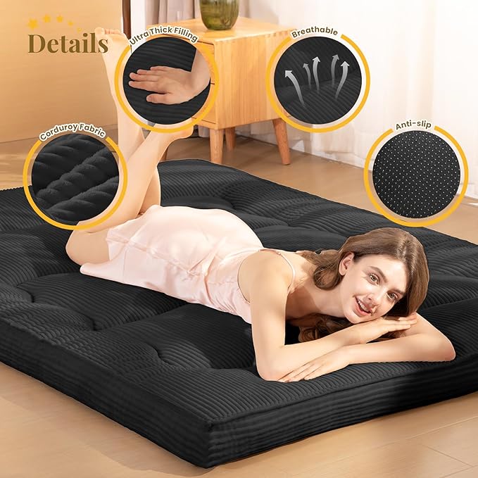 Japanese Floor Mattress, 4" Thicken Futon Mattress Full Size Sleeping Pad, Corduroy Foldable Floor Pad, Roll Up Tatami Mat for Adults Guest Room Bedroom, Black
