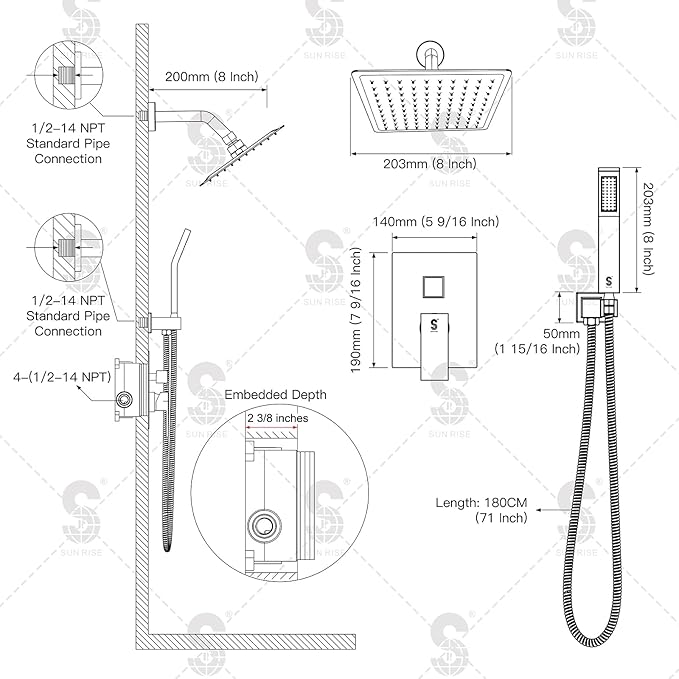 SR SUN RISE Shower Faucet - 8 Inch Shower System with Rain Shower Head and Handheld Spray - Shower Faucet Trim Repair Kits with Diverter Valve - All Metal Shower Set - Matte Black