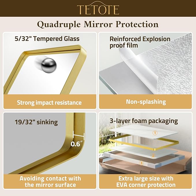 TETOTE 22 x 30 Gold Bathroom Mirror Brushed Gold Metal Framed Vanity Mirror, Tempered Glass, Wall Mounted for Bathroom, Entryway, Bedroom, Living Room(Horizontal/Vertical)