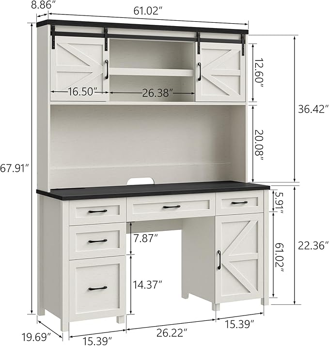 67''H Farmhouse Executive Desk with Hutch & 5 Drawers, Rustic Office Desks Computer Desks with Charging Station, File Drawers and Storage Cabinets, Wood Workspace for Home Office & Study,Black.