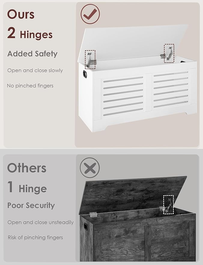 DINZI LVJ Storage Chest, 39.4”Wooden Toy Box with 2 Safety Hinges, Retro Entryway Shoe Storage Bench with Flip-Top, Sturdy Large Storage Trunk for Living Room, Bedroom, Easy Assembly, White