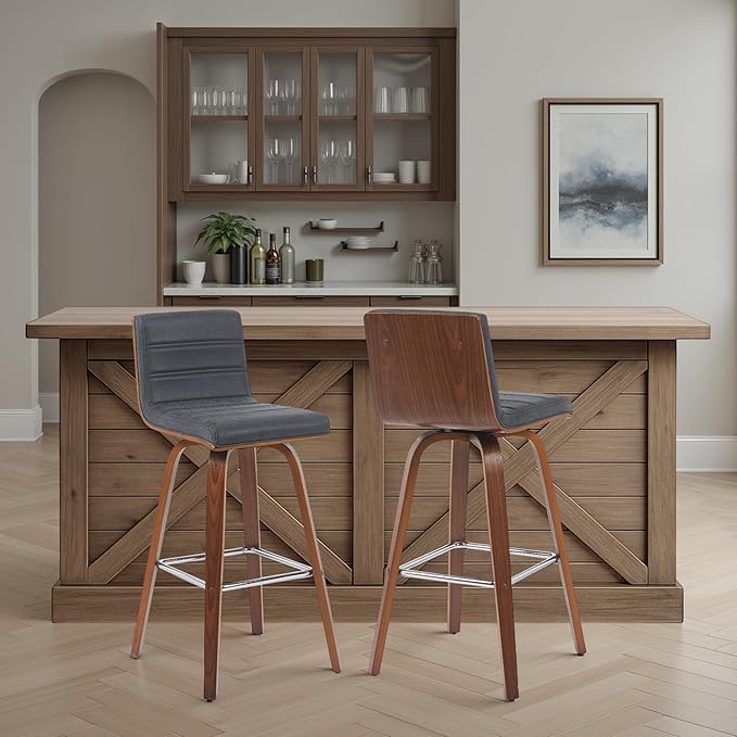 Vienna Modern Swivel Bar Height Stool with Vintage Black Upholstered Seat and Walnut Finished Wood Frame Set of 4