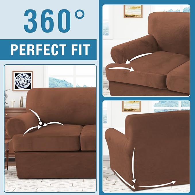 H.VERSAILTEX Sofa Cover 2 Piece T Cushion Armchair Slipcovers Thick Velvet Couch Cover Stretch T Cushion Sofa Covers for 1 Cushion Couch with 1 Individual T Cushion Covers Washable, Caramel