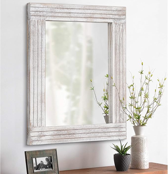 Wall Mirror Rustic Wooden Frame Rectangle Mirror Vintage Hanging Mirror for Bedroom Bathroom Living Room Farmhouse Wall Decor Large 26" x 18"