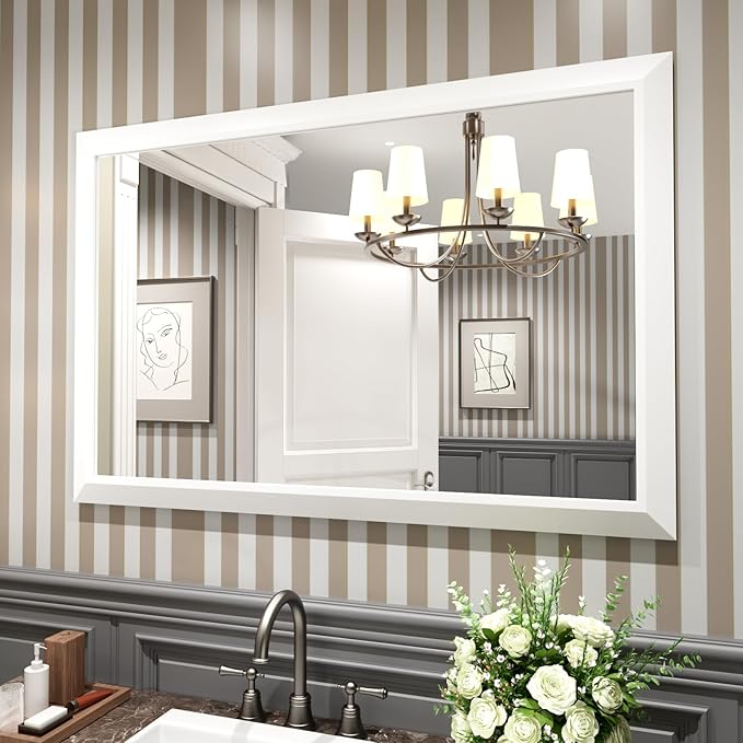 Amorho Bathroom Mirror, 48X32 Inch White Thick Metal Framed Wall Mirrors for Over 2 Sinks, Bedroom, Living Room, Entryway, Large Rectangle Wall-Mounted Mirrors.