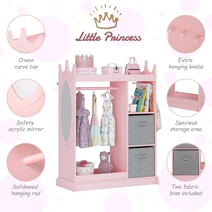 UTEX Kids Armoire Wardrobe Closet with Mirror and Storage Bin, Pink, 33.4 in W x 15.75 in D x 44.5 in H