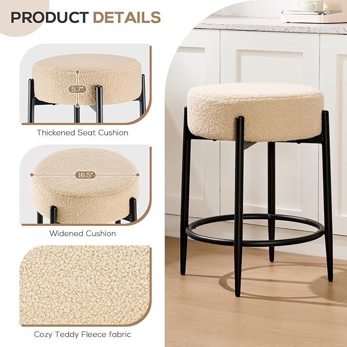 Dining Room Chairs Set of 8, 23.6" Sherpa Backless Beige Boucle Dining Chair, Mid Century Modern Living Room Round Upholstered Chairs with Black Metal Legs