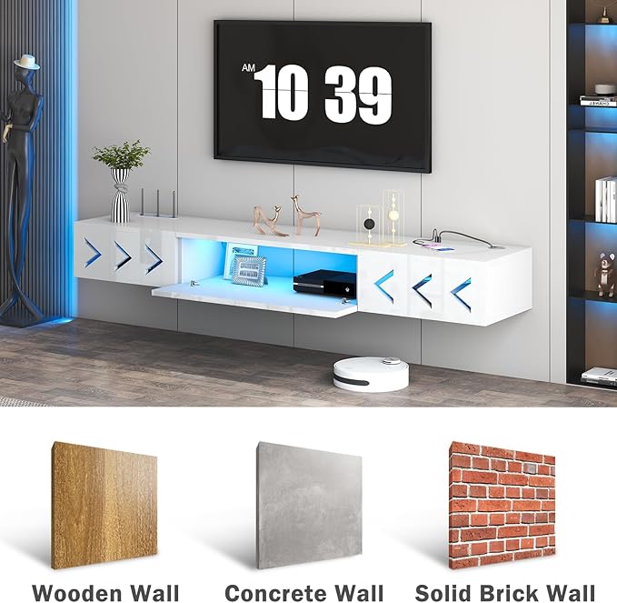 Floating TV Stand, 71" Floating Entertainment Center Wall Mounted,Floating Wall Mounted TV Shelf with Led Lights and Power Outlet,Modern High Gloss tv Cabinet Media Console with Storage