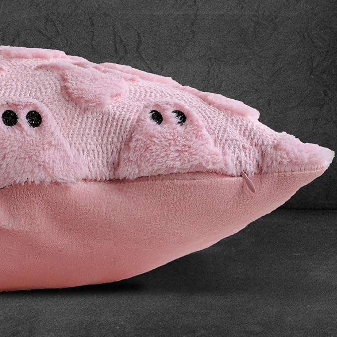 4TH Emotion Halloween Ghost Decorative Pillow Covers 20x20 Set of 2, Pink Soft Plush Faux Fur Farmhouse Throw Cushion Cases for Fall Autumn Holiday Home Decorations