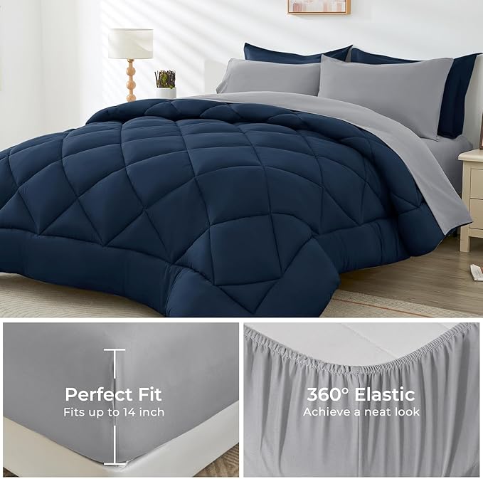 HEVUMYI King Comforter Set - 7-Piece All Season Bed in a Bag King, Ultra Soft Bedding Set with Comforter, Flat Sheet, Fitted Sheet, Pillowcases, Pillow Shams, Navy Blue & Light Grey
