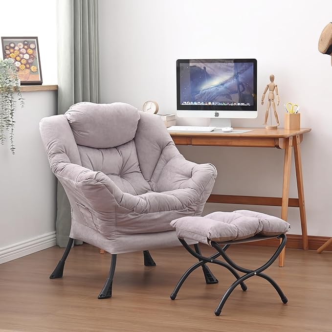 Lazy Chair and Ottoman, Large Accent Lounge Chair with Armrests and a Side Pocket, Modern Leisure Upholstered Sofa Reading Armchair with Footrest for Bedroom, Living Room, Dorm Rooms, Office