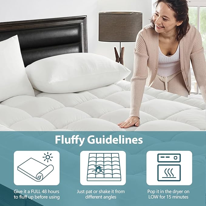 CYMULA Mattress Topper Short Queen Size - Extra Thick Cooling Mattress Pad Cover for Back Pain - Soft Mattress Protector Bed Topper Pillow Top with 8-21 Inch Deep Pocket 3D Snow Down Alternative Fill