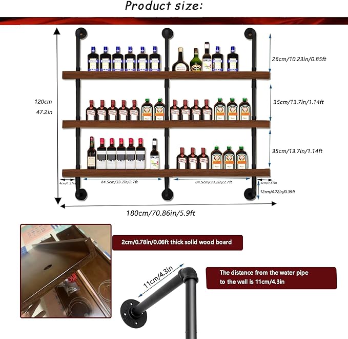 70.8in Large Wine Rack with LED Light Solid Wood Wall Mounted Wine Rack, 3-Tiers Liquor Bottles Floating Shelves Display Storage Organizer for Home Bar & Dining Room (180cm/70.8in)