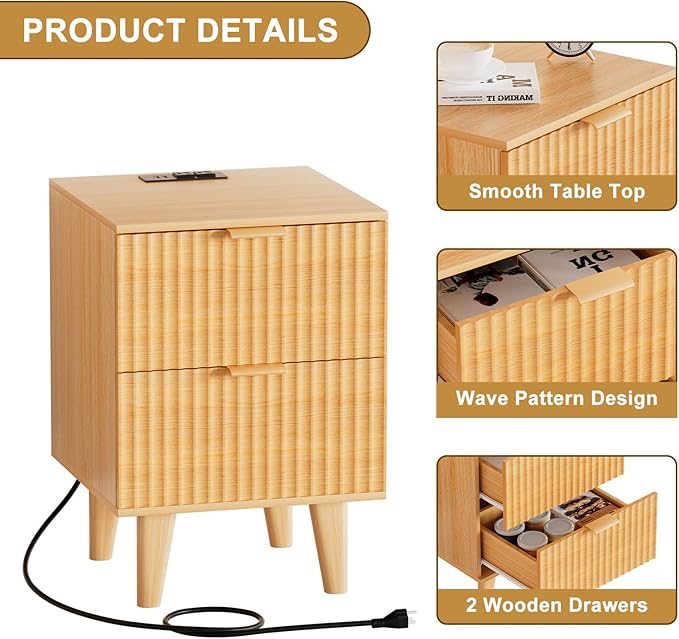 Urban Deco Nightstand Set of 2, Mid Century Modern Nightstand with Charging Station, Wooden End Table with 2 Fluted Drawers & Storage, Bedside Table with Solid Wood Legs for Bedroom (Natural)