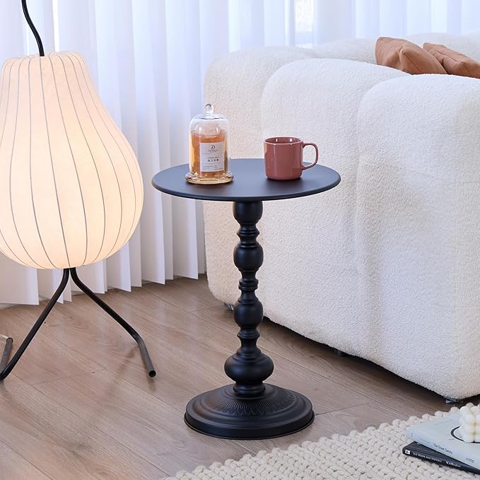 Chic Vintage Round Side Table with Elegant Roman Columns - Sturdy Metal Construction, Perfect for Coffee, End, Tea, or Leisure Use in Living Room or Bedroom Decor (Black Black 1 Pack)