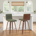 Armen Living Vienna Modern Swivel 26" Counter Height Barstool with Vintage Green Faux Leather and Walnut Wood Finish
