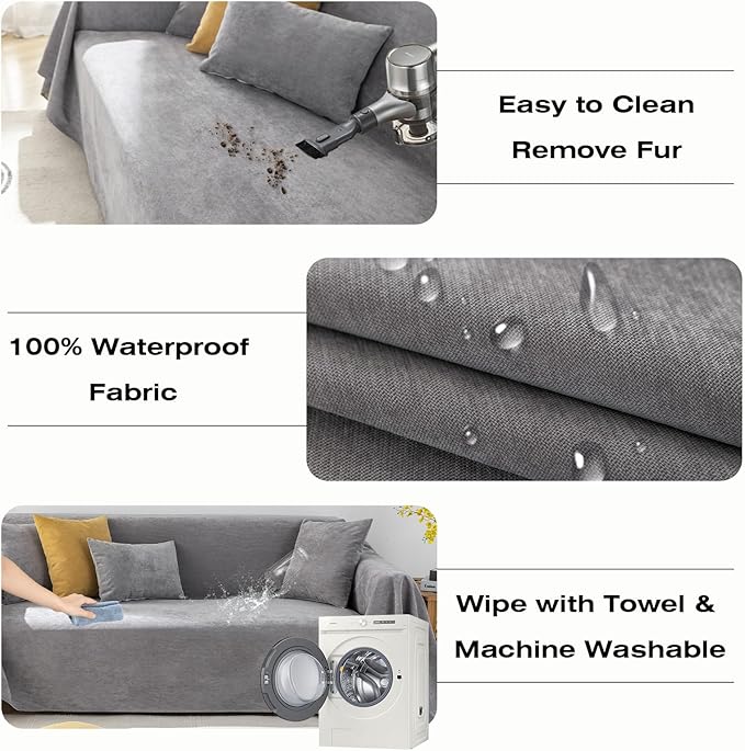 STACYPIK Waterproof Gray Couch Cover for Dogs, Non-Slip Sofa Covers for 3 Cushion Couch,Washable Sectional Cover for L-Shaped, Anti-Scratch Loveseat Cover, Pet-Friendly Furniture Protector-71X134IN