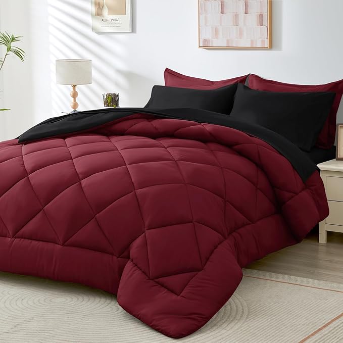 HEVUMYI Red & Black Full Comforter Set - 7-Piece All Season Bed in a Bag Full, Ultra Soft Burgundy Bedding Set with Comforter, Flat Sheet, Fitted Sheet, Pillowcases, Pillow Shams, Burgundy Red & Black