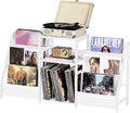LELELINKY Record Player Table,Turntable Shelf with Vinyl Storage Up to 180 Albums,White Side Table with 3 Tier Magazine Periodical Book Rack,Wide Metal Record Holder Cabinet for Office, Music Room