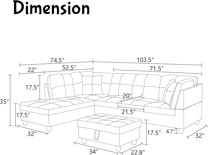 Modern Living Room Furniture Sets with Pillows, Modular Sectional Couches with Chaise Lounge, 4-Seaters L Shape Sofa with Storage Ottoman, for Living Room, Beige and Brown