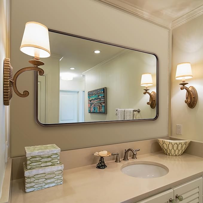 ANDY STAR Bronze Bathroom Mirror, 24x40’’ Rounded Rectangle Oil Rubbed Bronze Mirror in Premium Tube Metal Framed 1’’ Deep Wall-Mounted Mirror Horizontal/Vertical