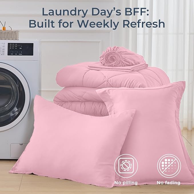 HEVUMYI Pink Twin Comforter Set - 5-Piece All Season Bed in a Bag Twin, Ultra Soft Bedding Set with Comforter, Flat Sheet, Fitted Sheet, Pillowcases, Pillow Shams, Pink