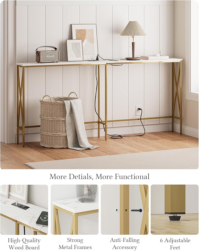 Masupu 70.9" Console Table, Modern Narrow Long Sofa Table Behind Couch, Skinny Entry Table, Industrial Sofa Table with Metal Frame for Hallway, Living Room, Marble White