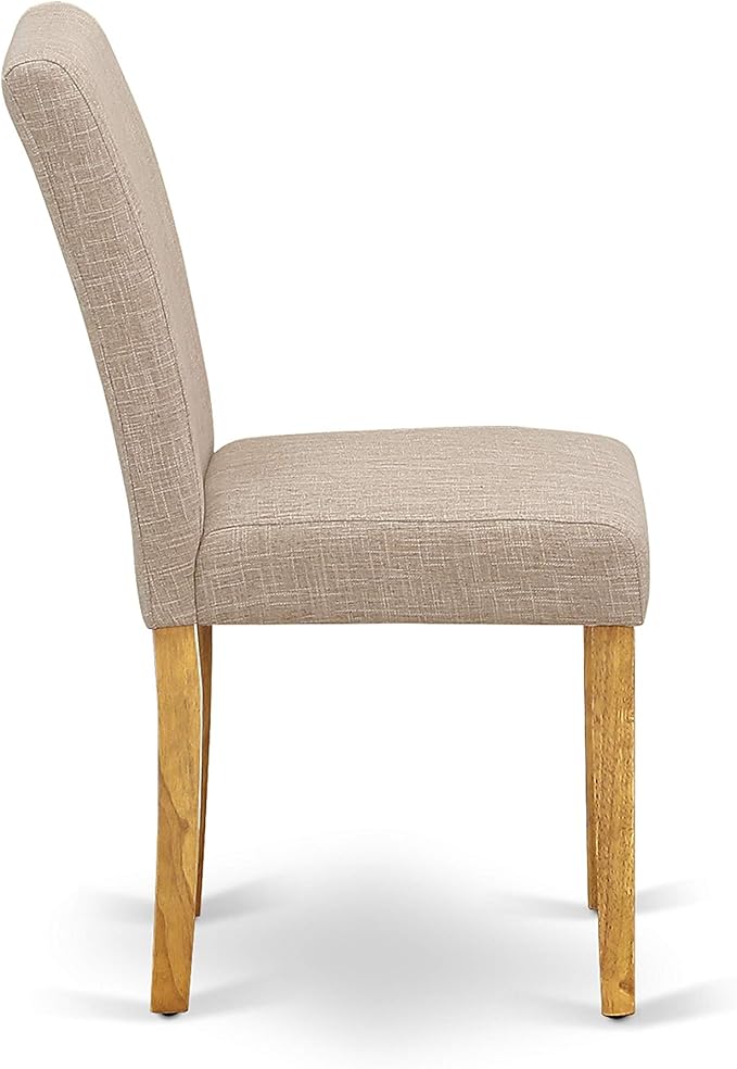 East West Furniture DLAB3-OAK-04 3 Piece Dining Room Furniture Set Contains a Round Dining Table with Dropleaf and 2 Light Tan Linen Fabric Parsons Chairs, 42x42 Inch, Oak