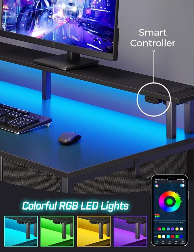 Seventable Computer Desk with Power Outlets & LED Light, 47 inch Home Office Desk with 5 Drawers, Writing Desk with Monitor Stand, Work Desk for Home Office, Black