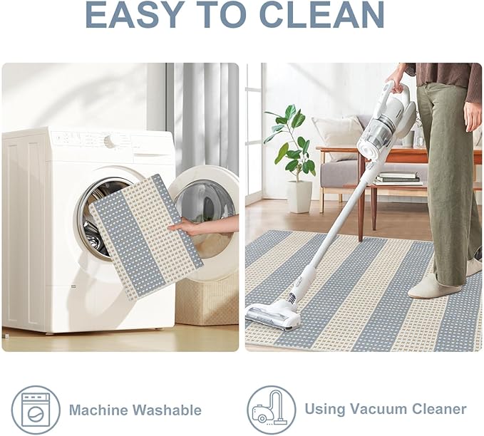OJIA Outdoor Porch Rug Front Door Mat 24'x51, Washable Checkered Entry Striped Front Door Rug Cotton Woven Kitchen Carpet Small Area Rug for Entryway Patio Bedroom Bathroom (Blue/White/Tan)