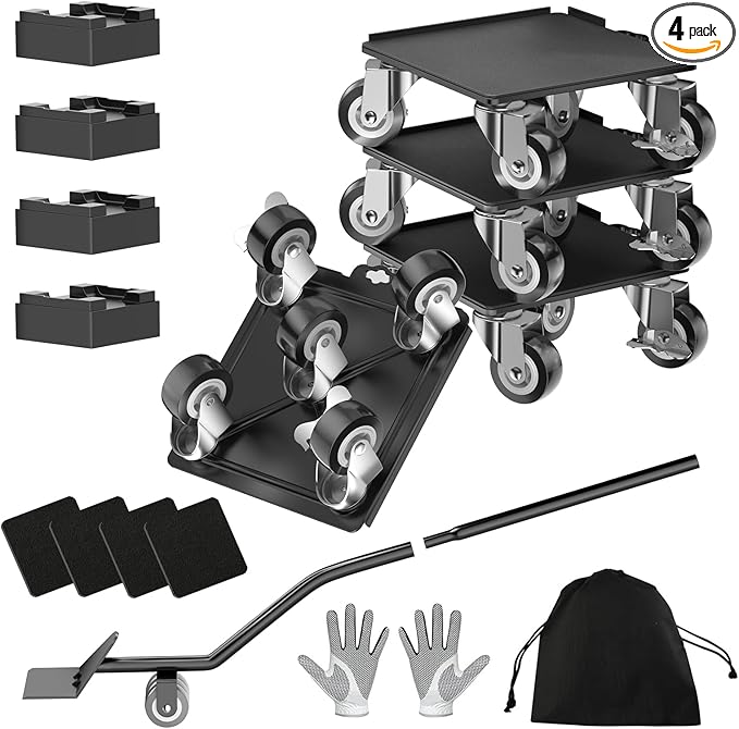 2000LBS Heavy Duty Furniture Dolly & Mover - 6.4" Carbon Steel Panel with 5X 360° Wheels, Non-Slip Sliders & Lifter for Sofa, Piano, Appliances (Black)