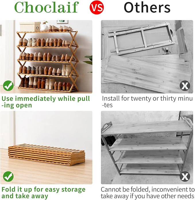 Choclaif Free Standing Shoe Racks for Closet, Shoe Shelf Bamboo Shoe Rack for Bedroom, Entryway Hallway Closet Living Room Organizer（5 Tier）