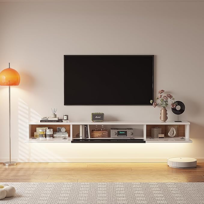 High Gloss Floating TV Stand,55'' Wall Mounted TV Console,Under TV Floating Shelf,Floating TV Cabinet with 3 Doors for Bedroom Living Room,White