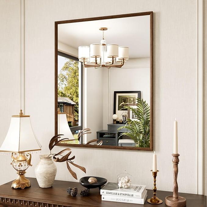 28x36 Inch Rectangle Walnut Bathroom Mirror, Anti-Rust 4MM Tempered Glass, Modern Vanity Mirror for Bathroom, Horizontal or Vertical Wall Mount