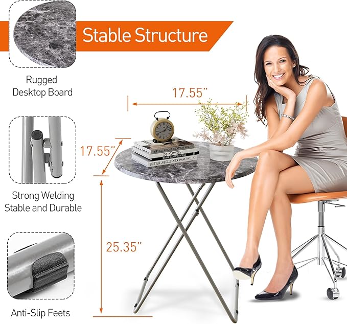 TV Tray Table, Portable TV Dinner Table for Eating, Small Foldable Round Table, TV Side Trays Table Set of 2, Snack Table for Couch, Living Room, Outdoor, Small Space (Black Marble, 2Pcs)