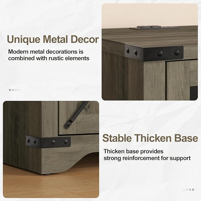 Farmhouse End Table with Charging Station, 26.4" Tall Rustic Nightstand with Drawer and X Barn Door, Country Bedside Sofa Side Table for Living Room, Grey