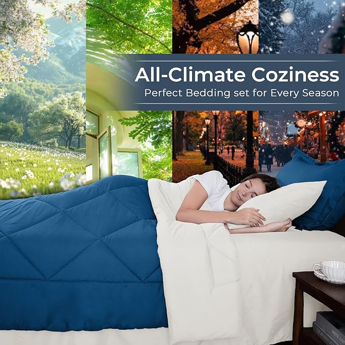 HEVUMYI Teal Blue & Ivory Full Comforter Set - 7-Piece All Season Bed in a Bag Full, Ultra Soft Bedding Set with Comforter, Flat Sheet, Fitted Sheet, Pillowcases, Pillow Shams, Teal Blue & Ivory