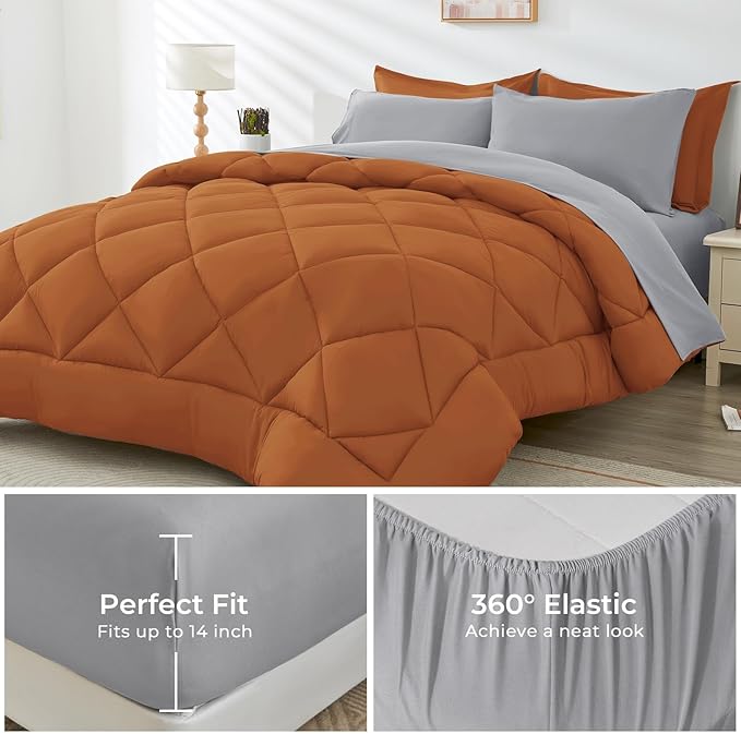 HEVUMYI Twin-XL Comforter Set - 5-Piece All Season Bed in a Bag Twin-XL, Ultra Soft Bedding Set with Comforter, Flat Sheet, Fitted Sheet, Pillowcases, Pillow Shams, Orange & Light Grey