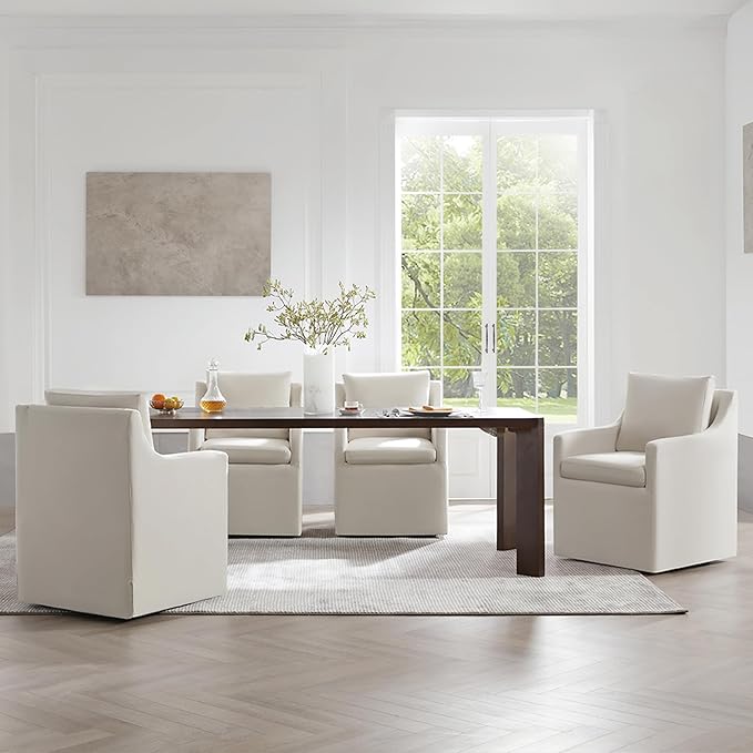 Upholstered Dining Chairs with Casters Washable Cover Side Deskchair with Rollers for Diningroom, Living Room, Flax Beige, 1 Box