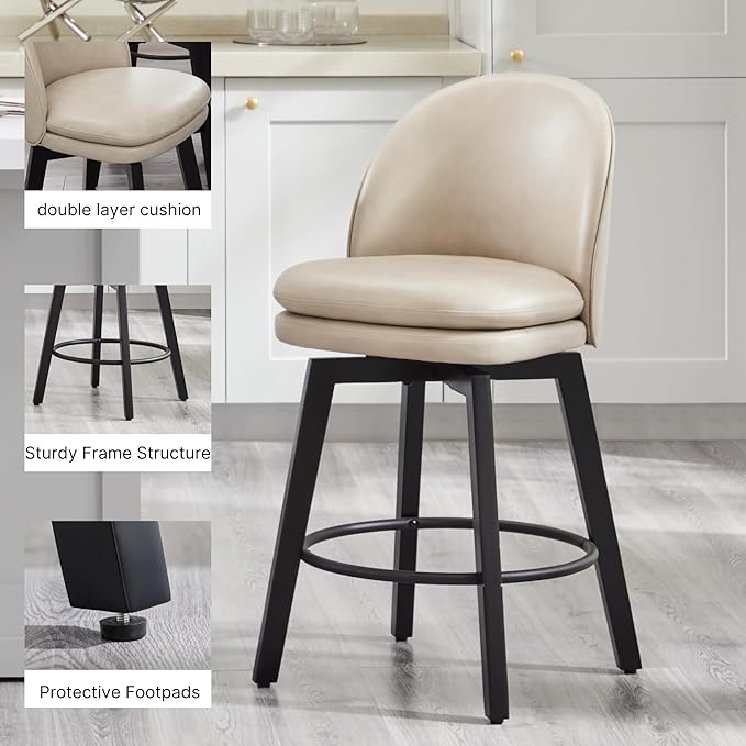 Counter Height Barstools 26 inch Upholstered Swivel Bar Stools with Back and Wood Legs for Kitchen Island,Set of 2,Beige PU Leather-Armless