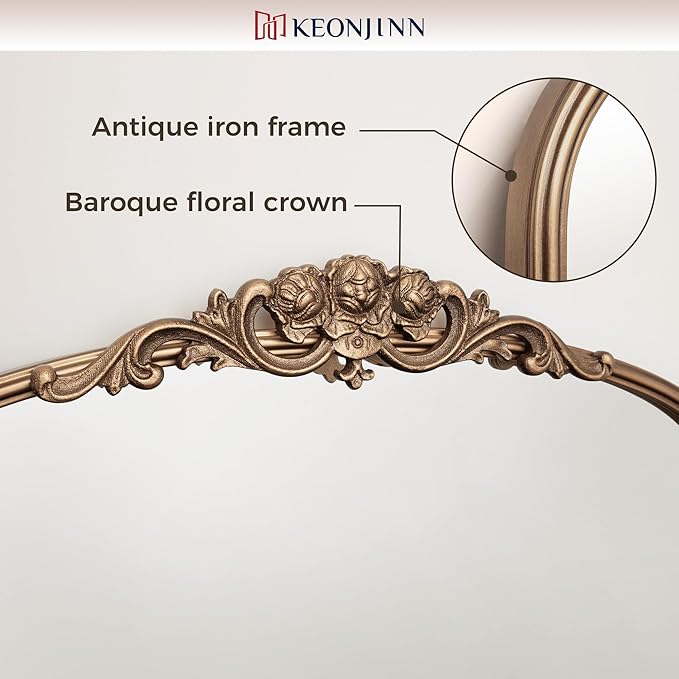 Keonjinn Vintage Gold Mirror 20" x 30", Arched Decorative Mirrors for Wall Decor, Antique Mirror Bathroom, Ornate Baroque Brass Mirror for Mantle, Entryway, Living Room, French Cleat Mounting