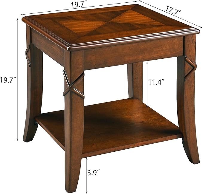 Mid-Century Modern Living Room Coffee Table Set, 2-Piece Solid Wood Living Room Table Set, 1 Solid Wood Coffee Table with Storage Shelf and 1 End Table, Cherry Walnut KFZ-DR200-2