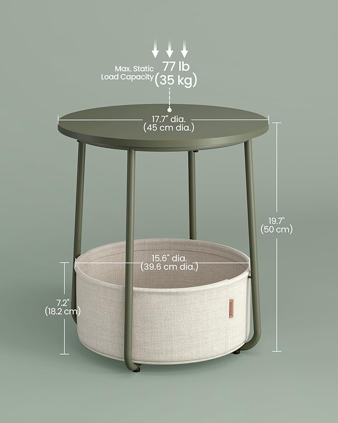VASAGLE Small Round Side End Table, Modern Nightstand with Fabric Basket, Forest Green and Cream White ULET223C80