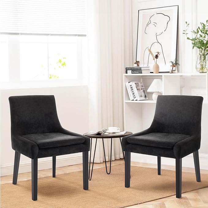 COLAMY Modern Dining Chairs Set of 4, Upholstered Corduroy Accent Side Leisure Chairs with Mid Back and Wood Legs for Living Room/Dining Room-Black
